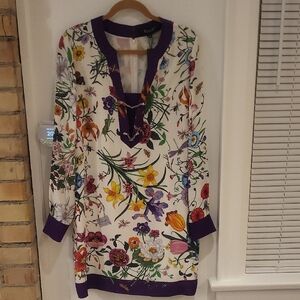 Gucci White Floral Tunic Dress with Purple Trim